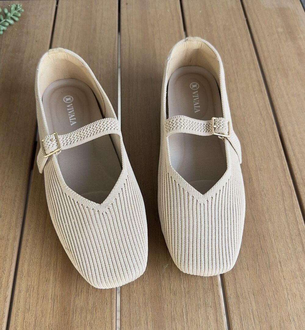 VIVAIA Margot Walker Women’s EU 39.5 W Beige Knit Mary Jane Ballet Flats